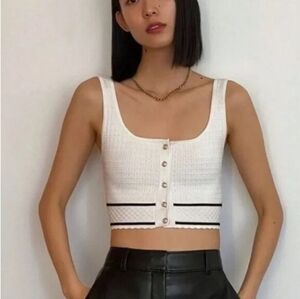 Aritzia White Cropped Knit Tank with Black Stripe Detail